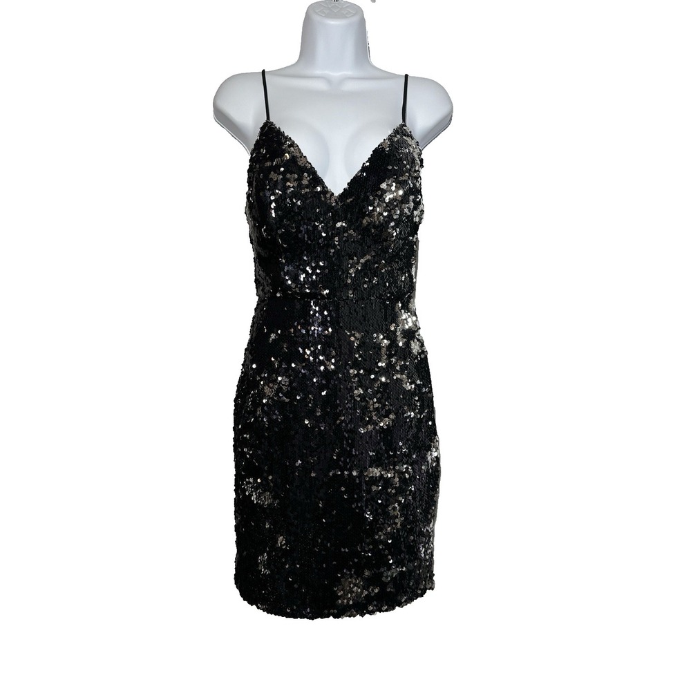 NWT! Women's Sexy Black Silver Flip Sequin Dress By Lucy Wang, Sz: S